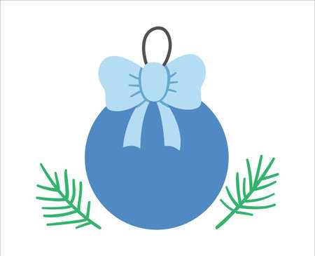 Vector Christmas colored ball with bow and fir tree twigs isolated on white background. Cute funny illustration of New Year symbol. Flat Christmas tree decoration icon.のイラスト素材