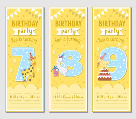 Set of Birthday party greeting card templates with cute animals and 7, 8, 9 numbers. Anniversary vertical poster or invitation for kids. Holiday bookmark illustration with giraffe, llama, birdのイラスト素材