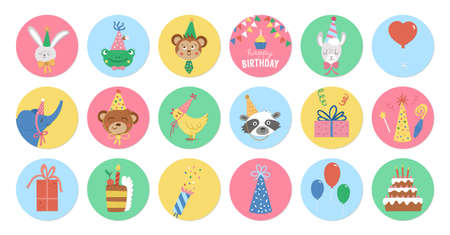 Cute set of round Birthday highlight icons or avatar designs with cute animals heads, cake, present. Vector anniversary holiday pin or badge design isolated on white backgroundのイラスト素材