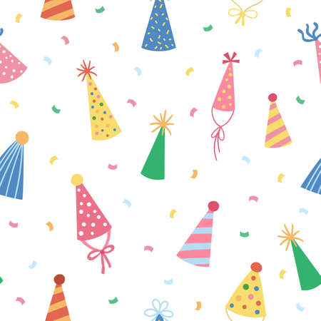 Vector cute seamless pattern with birthday party hats. Funny repeating background with b-day accessory. Bright holiday digital paper for kids.のイラスト素材