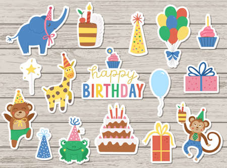 Set of cute cheerful stickers with animals in party hats on wooden background. Birthday party celebration clipart collection. Vector holiday pack with bright present, cake with candles, balloonのイラスト素材