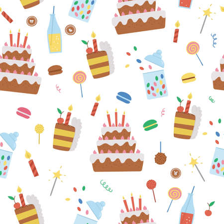 Vector seamless pattern with cute cake, candles, sweets. Party celebration repeating Birthday background. Vector holiday digital paper with bright festive candy bar elementsのイラスト素材