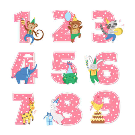 Birthday party numbers set with cute animals. Anniversary card templates for kids. Bright pink holiday illustration with funny forest and tropical characters. Festive design collection for childrenのイラスト素材