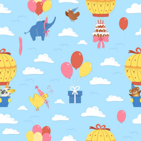 Vector seamless pattern with hot air balloons, cute animals, birds and clouds. Holiday repeating background with adorable flying characters. Funny birthday digital paper for kids.のイラスト素材