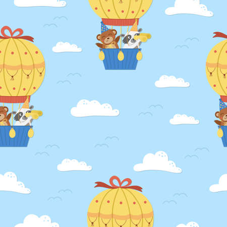 Vector seamless pattern with cute animals in hot air balloon and clouds. Holiday repeating background with adorable flying characters. Funny birthday digital paper for kids.のイラスト素材