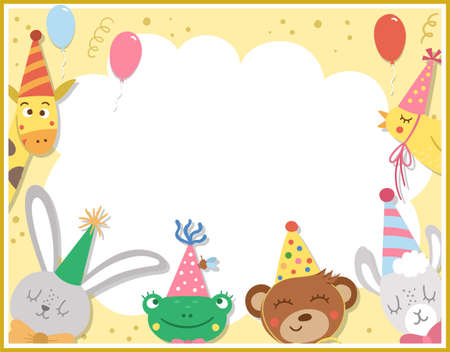 Birthday party greeting card template with cute animals. Anniversary poster or invitation for kids. Bright holiday illustration with traditional festive dessert, balloons, giraffe and place for textのイラスト素材