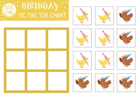 Vector Birthday tic tac toe chart with cute birds. Holiday board game playing field with traditional characters. Funny party recreational printable worksheet for kids. Noughts and crosses gridのイラスト素材