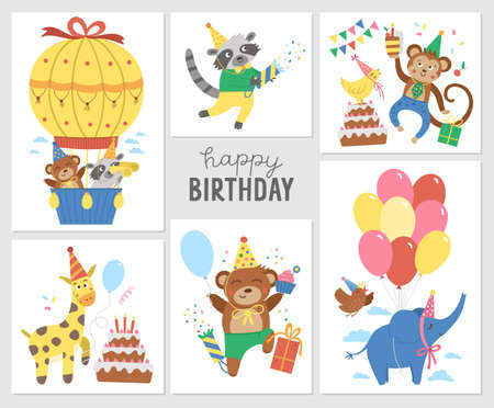 Vector set of Birthday party compositions with cute animals. Holiday background designs for banners, posters, invitations. Festive card templates with funny characters, presents, balloonsのイラスト素材