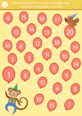 Birthday counting maze for children. Holiday preschool printable educational activity. Funny party game or math puzzle with cute monkey and air balloons. Choose numbers from 1 to 20 in the right orderのイラスト素材