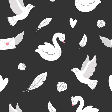 Vector seamless pattern with Saint Valentine's day symbols. Repeating black and white background with cute letter, rose, hearts, feathers, doves, swans. Playful February holiday texture with love conceptのイラスト素材