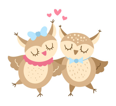 Vector cute owls pair. Loving couple illustration. Love relationship or family concept. Romantic birds isolated on white background. Funny Valentine's day characters.のイラスト素材