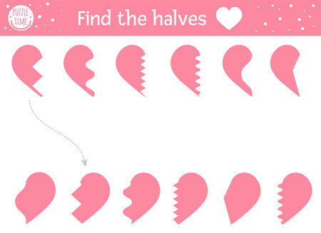Saint Valentine day matching activity for children. Fun puzzle with hearts. Holiday celebration educational game, printable worksheet for kids with love theme. Find the halvesのイラスト素材