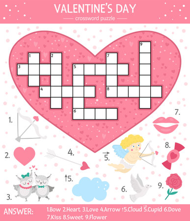 Vector Saint Valentine day crossword puzzle for kids. Simple heart shaped quiz with holiday objects and animals for children. Educational activity with traditional elements and love themeのイラスト素材