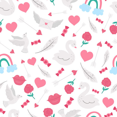 Vector seamless pattern with Saint Valentine's day symbols. Repeating background with cute letter, rose, hearts, feathers, dove, swan. Playful February holiday texture with love conceptのイラスト素材