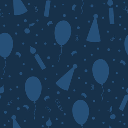 Vector seamless pattern with cute balloon, candle, party hat. Party celebration repeating Birthday background. Dark blue monochrome vector holiday digital paper with festive design elementsのイラスト素材