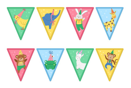 Set of Birthday party templates with cute animals. Anniversary triangle flags collection. Bright pre-made holiday event designs for kids. Pack of decorations for candy barのイラスト素材