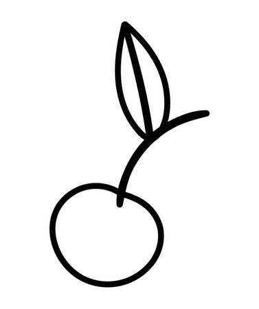 Vector cute black and white cherry with leaf. Funny berry outline illustration for kids. Natural food line icon isolated on white background.のイラスト素材