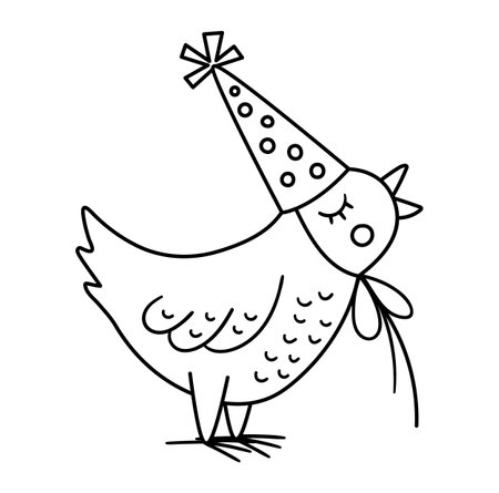 Vector cute black and white singing chicken in birthday hat. Funny b-day bird for card, poster, print design. Outline holiday illustration for kids. Cheerful celebration character line iconのイラスト素材