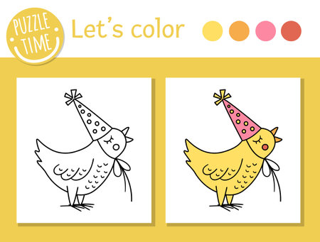 Birthday coloring page for children. Funny bird in party hat. Vector holiday outline illustration with cute animal. Party color book for kids with colored exampleのイラスト素材