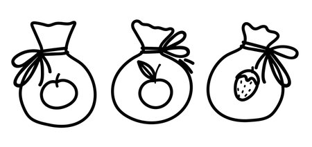 Vector black and white dried fruit in rag sacks. Cute funny outline dessert illustration for card, poster, print design. Healthy food line icon for kids isolated on white background.のイラスト素材