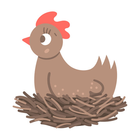 Vector funny hen in nest icon isolated on white background. Spring, Easter or farm funny animal illustration. Cute domestic bird hatching or laying eggsのイラスト素材