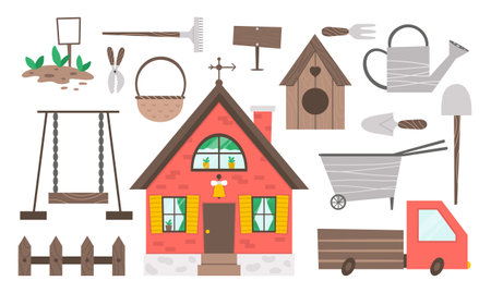 Vector garden icons set. Collection of gardening equipment, tools, country house, car. Flat spring illustration of spade, shovel, rakes isolated on white background. Farm living concept packのイラスト素材