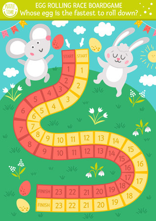 Easter egg rolling race board game for children with cute bunny and mouse. Educational holiday dice boardgame with colored eggs. Traditional spring educational activity. Printable worksheetのイラスト素材