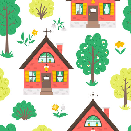 Vector seamless pattern with garden or trees, plants, flowers and country house. Flat spring farm repeating background with cottage. Natural greenery digital paperのイラスト素材