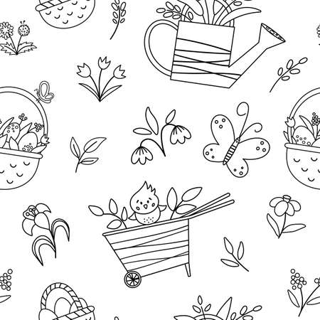 Vector cute black and white garden or Easter seamless pattern. Repeating background with wheel barrow, watering can, eggs, first flowers and plants. Outline spring digital paper for kidsのイラスト素材