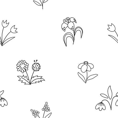 Vector cute black and white spring flowers seamless pattern. Repeating background with first blooming plants. Outline floral digital paper. Tulips, dandelion, snowdrop, narcissus, lily textureのイラスト素材