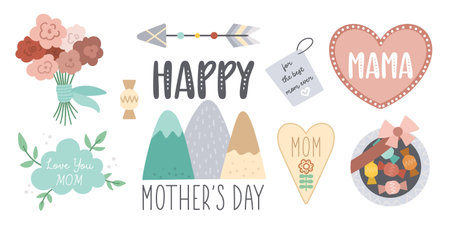 Vector boho Mothers day design elements collection. Cute holiday clipart. Mother and child design for card, print, poster with text. Mountans, bouquet, arrow, greeting card isolated on whiteのイラスト素材