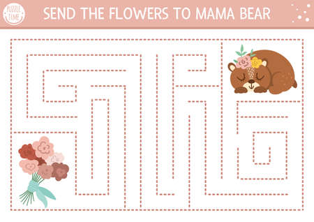 Mothers day maze for children. Holiday preschool printable educational activity. Funny family love game or puzzle with cute animal. Mother and baby labyrinth. Send the flowers to mama bear.のイラスト素材