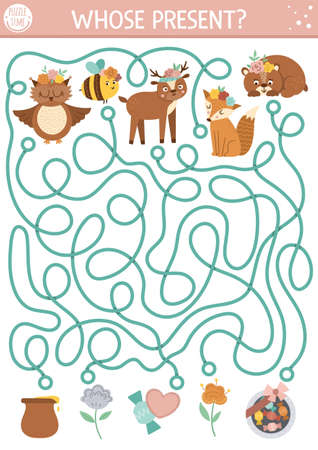 Mothers day maze for children. Holiday preschool printable educational activity. Funny family love game or puzzle with cute animals and gifts. Mother and baby labyrinth. Whose present worksheetのイラスト素材