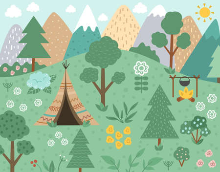 Vector forest scene with wigwam, fire, mountains. Spring or summer woodland scenery with trees and plants. Wild nature landscape illustration or background.のイラスト素材