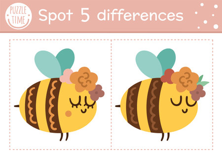 Find differences game for children. Woodland educational activity with funny bumblebee. Printable worksheet with cute insect. Spring nature puzzle for kids. Forest preschool sheetのイラスト素材