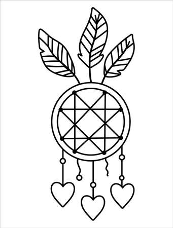 Vector black and white boho dreamcatcher with pendants and feathers. Bohemian line icon isolated on white background. Celestial outline illustration.のイラスト素材
