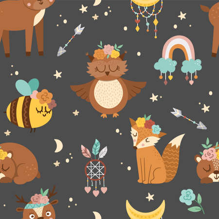 Vector seamless pattern with woodland animals, rainbow, dreamcatcher. Boho forest repeating background. Bohemian digital paper with fox, owl, bear, deer, ladybug with flowers on heads.のイラスト素材