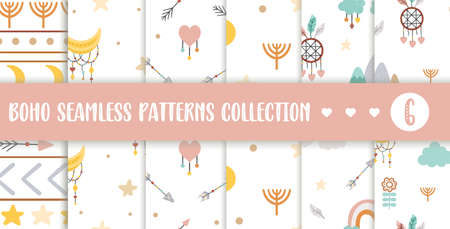 Vector boho ornaments set. Bohemian seamless patterns collection with squiggles, arrows, crescent moon. Wild and free repeating backgrounds pack. Ethnic native American or tribal digital paperのイラスト素材