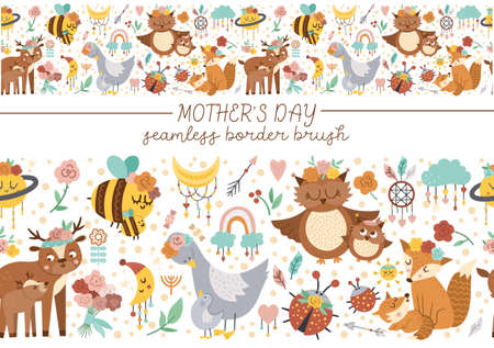 Vector horizontal seamless border with Mothers day characters and elements. Repeating brush with cute forest baby animals and parents showing family love. Funny boho style holiday pattern.のイラスト素材