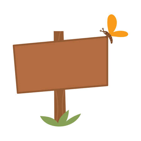 Vector flat illustration of wooden signboard with insect. Road direction sign icon. Wood board isolated on white background.のイラスト素材