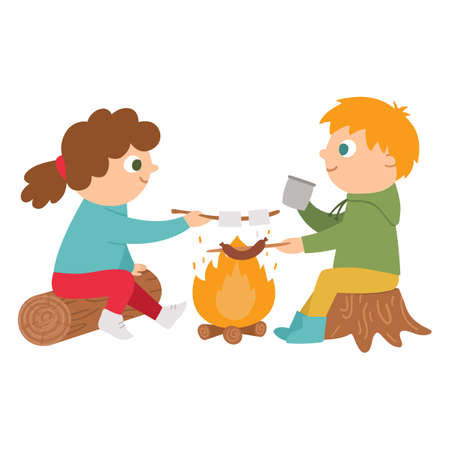 Vector cute boy and girl sitting by the fire and frying sausage and marshmallow. Campfire activity scene with cute kids. Travelers isolated on white background. Outdoor or summer camp icon.のイラスト素材