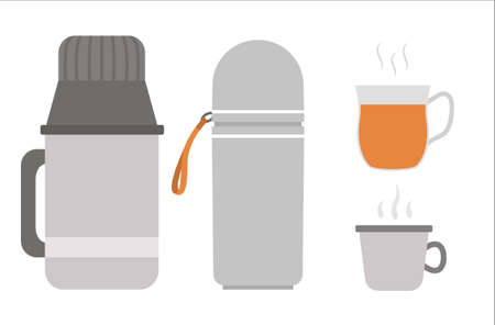 Vector bottles and cups set. Winter or camping traditional warming drink illustration. Hiking hot beverage or tea flask icons isolated on white backgroundのイラスト素材