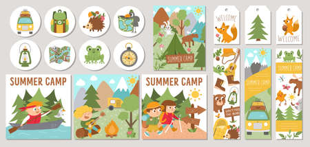 Cute set of Summer camp cards with forest animals, camping elements and kids. Vector square, round, vertical print templates. Active holidays or local tourism design for tags, postcards, adsのイラスト素材