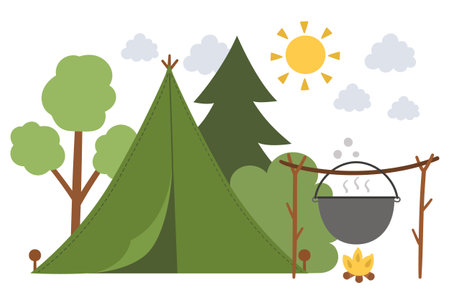 Summer camp scene with green tent, fire, forest. Vector campfire illustration with boiler. Active holidays or local tourism landscape design for postcards, printsのイラスト素材