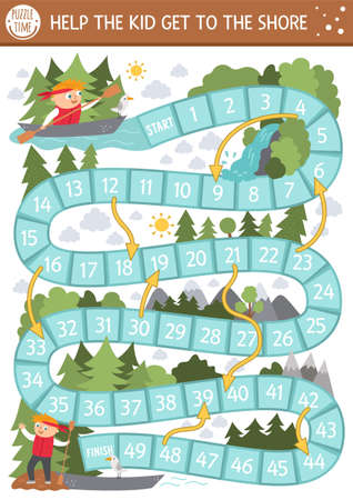 Summer camp dice board game for children with cute rafting kid. Active holidays board game with boy on the boat swimming to the shore. Family trip activity. Nature outdoor printable worksheetのイラスト素材