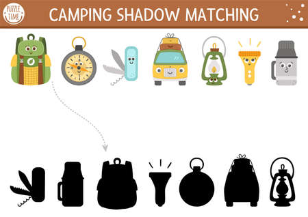 Summer camp shadow matching activity for children with cute kawaii camping equipment. Family nature trip puzzle with cute objects. Find the correct silhouette printable worksheet or game.のイラスト素材
