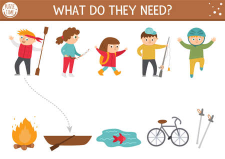 Summer camp matching activity with cute children. Family nature trip puzzle. Kids with paddle, rod, helmet. Find the correct object printable worksheet or game with boat, fire, bicycle.のイラスト素材