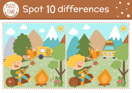 Find differences game for children. Summer camp educational activity with kid playing the guitar. Printable worksheet with cute camping or forest scenery. Woodland preschool sheetのイラスト素材