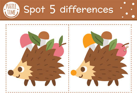Find differences game for children. Woodland educational activity with funny hedgehog carrying apples. Printable worksheet with cute animal. Summer nature puzzle for kids. Forest preschool sheetのイラスト素材