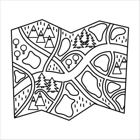 Vector black and white illustration of map. Outline forest or woods guide icon. Travel object isolated on white background. Line art vacation infographic element.のイラスト素材